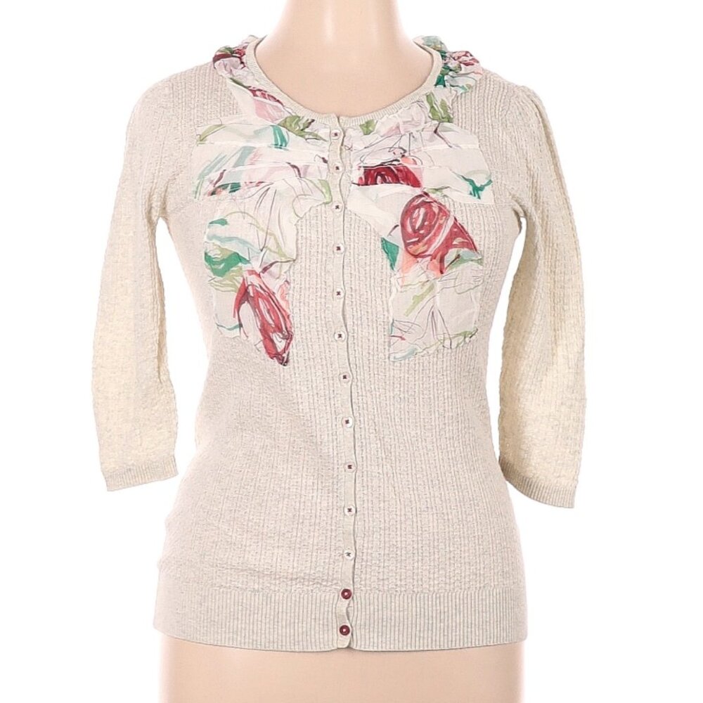 Anthropologie Cream Cardigan with Floral Accents